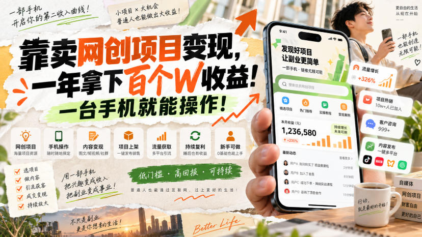 靠卖网创项目变现，一年拿下百个W收益！一台手机就能操作！【揭秘】兼职项目|网络创业|Ai项目| 网赚项目 | 网络创业 | AI 实战 | 副业兼职找项目_兼职创业_自媒体创业_流量变现