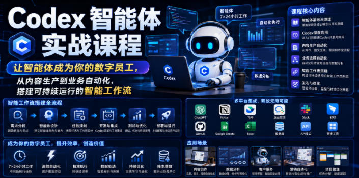 Codex智能体实战课程，让智能体成为你的数字员工，从内容生产到业务自动化，搭建可持续运行的智能工作流兼职项目|网络创业|Ai项目| 网赚项目 | 网络创业 | AI 实战 | 副业兼职找项目_兼职创业_自媒体创业_流量变现