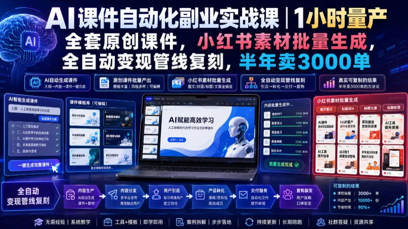 AI课件自动化副业实战课|1小时量产全套原创课件,小红书素材批量生成,全自动变现管线复刻,半年卖3000单兼职项目|网络创业|Ai项目| 网赚项目 | 网络创业 | AI 实战 | 副业兼职找项目_兼职创业_自媒体创业_流量变现