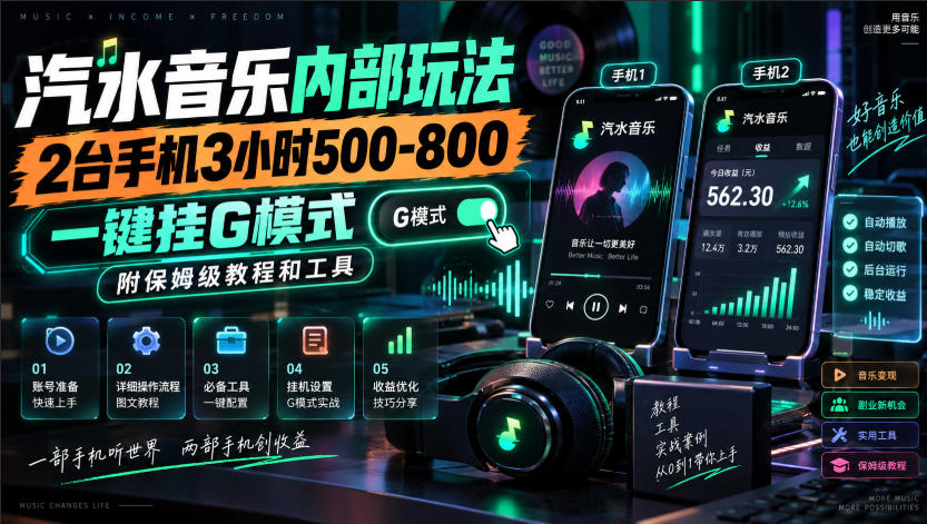 汽水音乐内部玩法，2台手机3小时500-800，一键挂G模式，附保姆级教程和工具【揭秘】兼职项目|网络创业|Ai项目| 网赚项目 | 网络创业 | AI 实战 | 副业兼职找项目_兼职创业_自媒体创业_流量变现