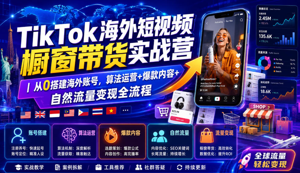 TikTok海外短视频橱窗带货实战营｜从0搭建海外账号，算法运营+爆款内容+自然流量变现全流程兼职项目|网络创业|Ai项目| 网赚项目 | 网络创业 | AI 实战 | 副业兼职找项目_兼职创业_自媒体创业_流量变现