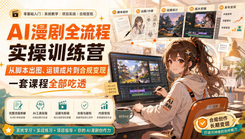 AI漫剧全流程实操训练营，从脚本出图、运镜成片到合规变现，一套课程全部吃透兼职项目|网络创业|Ai项目| 网赚项目 | 网络创业 | AI 实战 | 副业兼职找项目_兼职创业_自媒体创业_流量变现