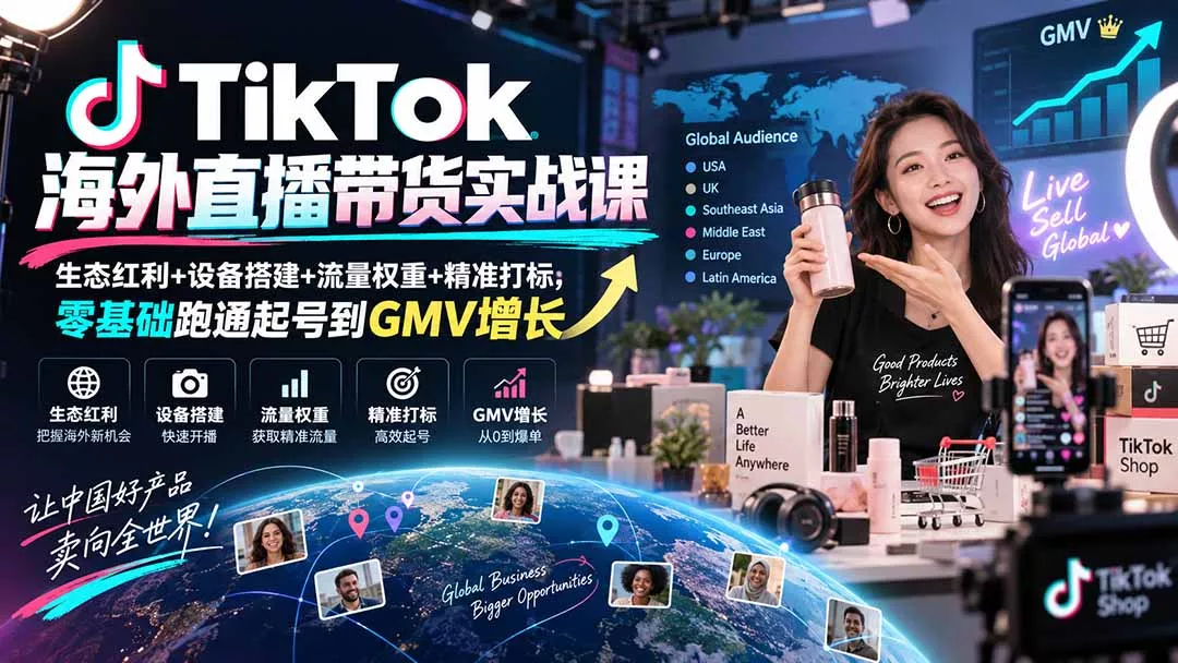 TikTok海外直播带货实战课｜生态红利+设备搭建+流量权重+精准打标，零基础跑通起号到GMV增长兼职项目|网络创业|Ai项目| 网赚项目 | 网络创业 | AI 实战 | 副业兼职找项目_兼职创业_自媒体创业_流量变现