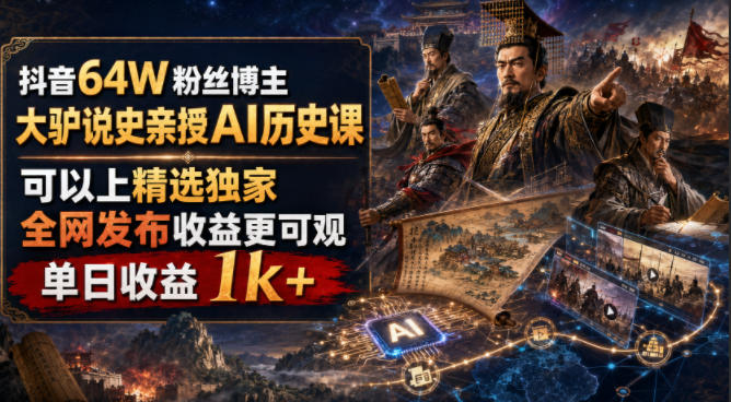 抖音64W粉丝博主大驴说史亲授AI历史课，可以上精选独家，全网发布收益更可观，单日收益1k+（更新）兼职项目|网络创业|Ai项目| 网赚项目 | 网络创业 | AI 实战 | 副业兼职找项目_兼职创业_自媒体创业_流量变现
