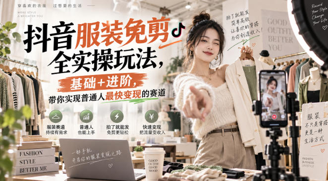 抖音服装免剪全实操玩法，基础+进阶，带你实现普通人最快变现的赛道兼职项目|网络创业|Ai项目| 网赚项目 | 网络创业 | AI 实战 | 副业兼职找项目_兼职创业_自媒体创业_流量变现