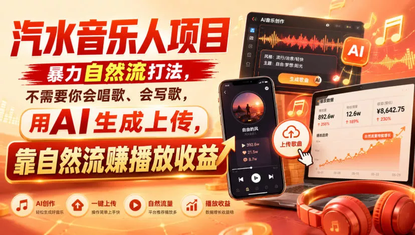 汽水音乐人项目，暴力自然流打法，不需要你会唱歌、会写歌，用AI生成上传，靠自然流賺播放收益兼职项目|网络创业|Ai项目| 网赚项目 | 网络创业 | AI 实战 | 副业兼职找项目_兼职创业_自媒体创业_流量变现