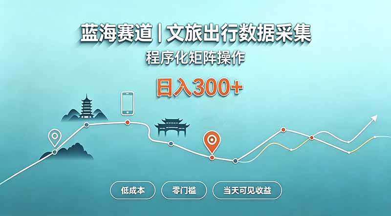 （20478期）蓝海赛道 文旅出行数据采集 程序化矩阵操作 低成本 零门槛 当天可见收益 日入300+兼职项目|网络创业|Ai项目| 网赚项目 | 网络创业 | AI 实战 | 副业兼职找项目_兼职创业_自媒体创业_流量变现
