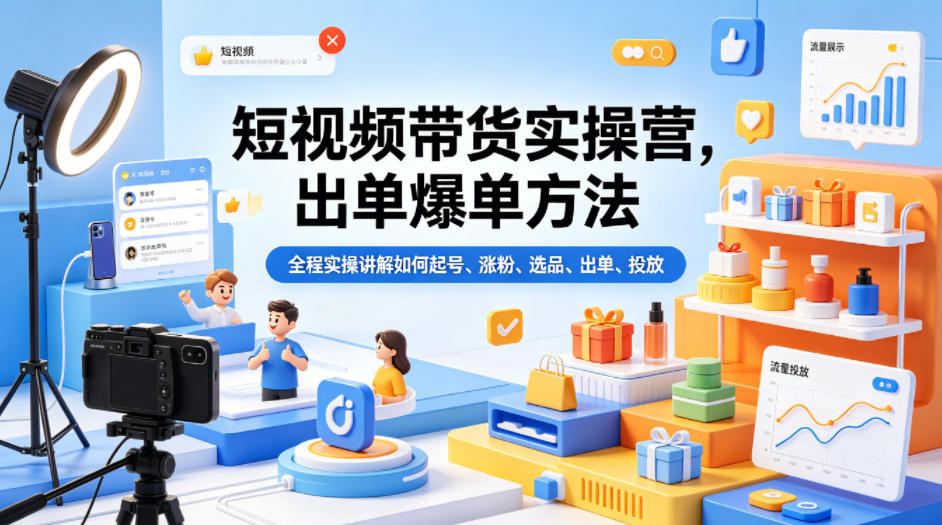 短视频带货实操营，出单爆单方法，全程实操讲解如何起号、涨粉、选品、出单、投放兼职项目|网络创业|Ai项目| 网赚项目 | 网络创业 | AI 实战 | 副业兼职找项目_兼职创业_自媒体创业_流量变现