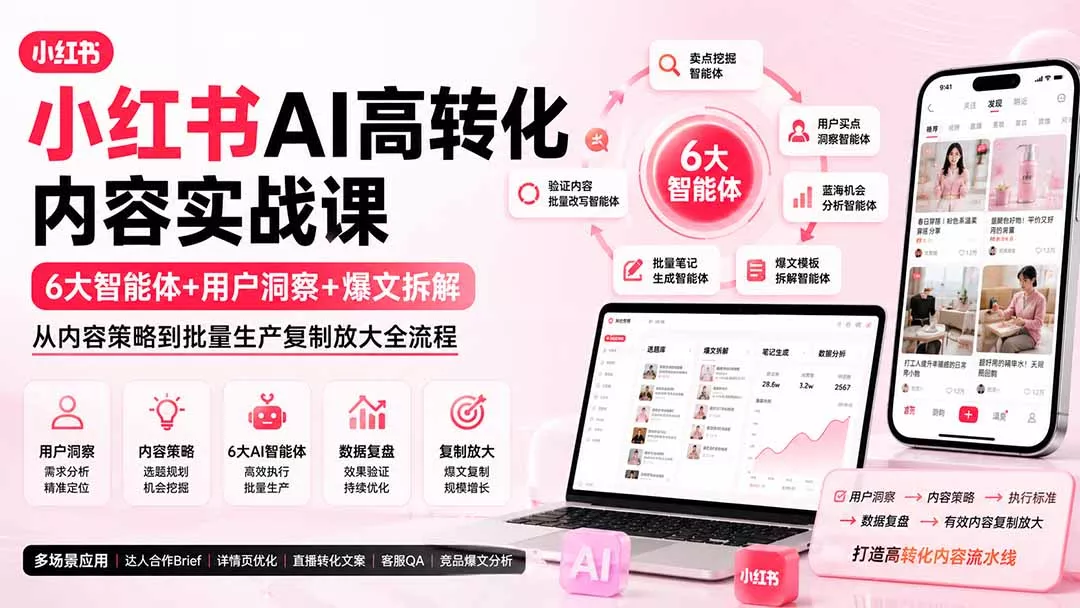 小红书AI高转化内容实战课：6大智能体+用户洞察+爆文拆解，从内容策略到批量生产复制放大全流程兼职项目|网络创业|Ai项目| 网赚项目 | 网络创业 | AI 实战 | 副业兼职找项目_兼职创业_自媒体创业_流量变现