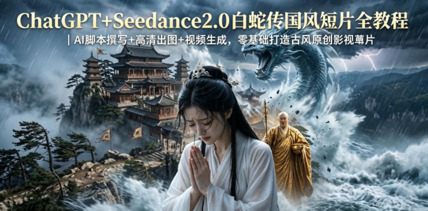 ChatGPT+Seedance2.0白蛇传国风短片全教程|AI脚本撰写+高清出图+视频生成,零基础打造古风原创影视短片兼职项目|网络创业|Ai项目| 网赚项目 | 网络创业 | AI 实战 | 副业兼职找项目_兼职创业_自媒体创业_流量变现