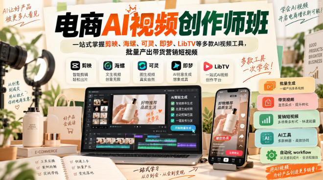 电商AI视频创作师班，一站式掌握剪映、海螺、可灵、即梦、LibTV等多款AI视频工具，批量产出带货营销短视频兼职项目|网络创业|Ai项目| 网赚项目 | 网络创业 | AI 实战 | 副业兼职找项目_兼职创业_自媒体创业_流量变现