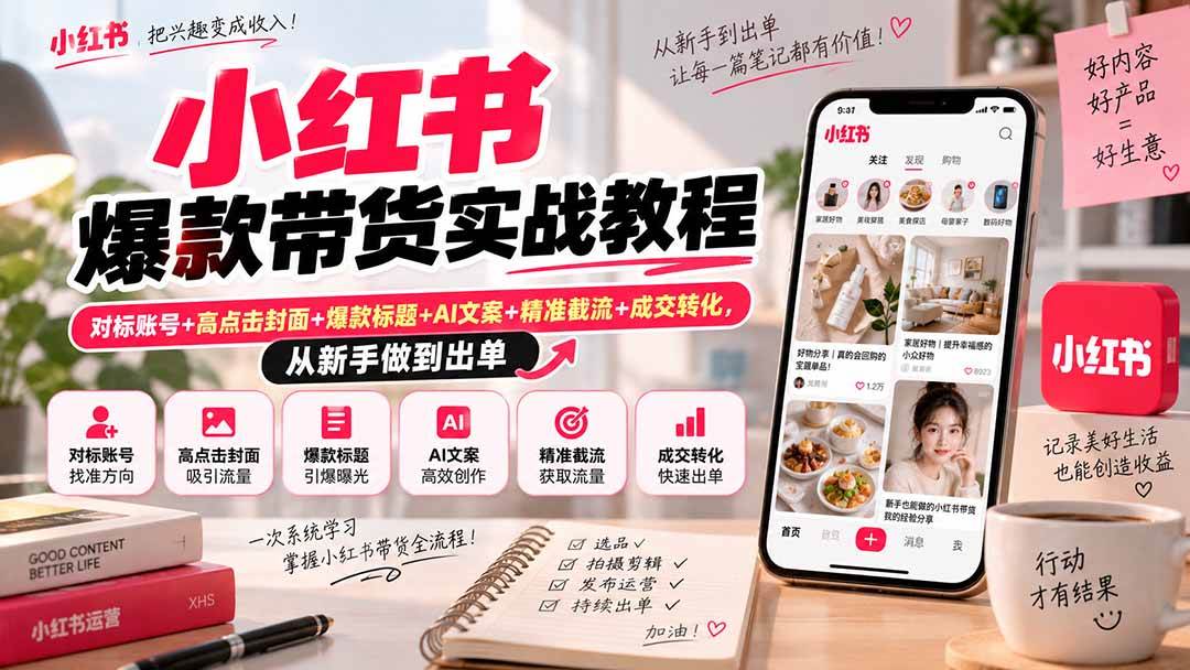 （20473期）小红书爆款带货实战教程｜对标账号+高点击封面+爆款标题+AI文案+精准截流+成交转化，从新手做到出单兼职项目|网络创业|Ai项目| 网赚项目 | 网络创业 | AI 实战 | 副业兼职找项目_兼职创业_自媒体创业_流量变现