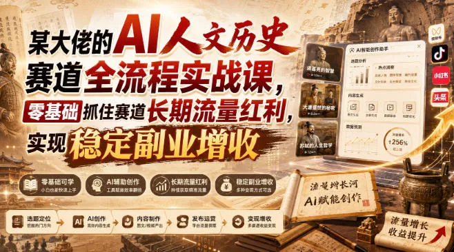 某大佬的AI人文历史赛道全流程实战课，零基础抓住赛道长期流量红利，实现稳定副业增收(更新)兼职项目|网络创业|Ai项目| 网赚项目 | 网络创业 | AI 实战 | 副业兼职找项目_兼职创业_自媒体创业_流量变现