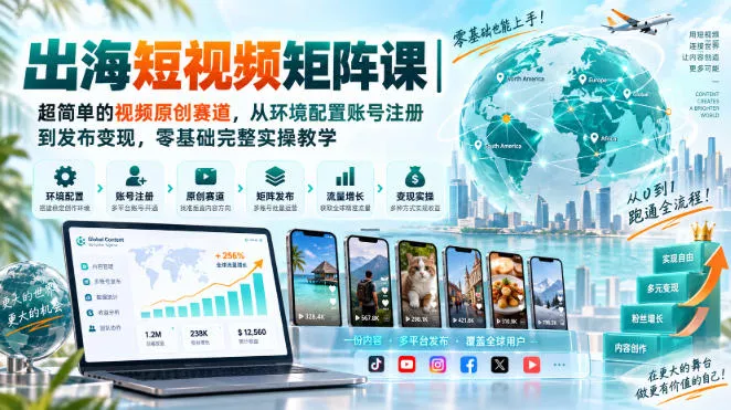 出海短视频矩阵课｜超简单的视频原创赛道，从环境配置账号注册到发布变现，零基础完整实操教学兼职项目|网络创业|Ai项目| 网赚项目 | 网络创业 | AI 实战 | 副业兼职找项目_兼职创业_自媒体创业_流量变现