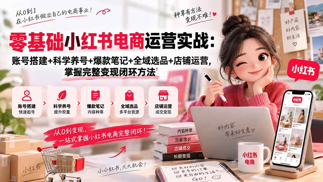 （20467期）零基础小红书电商运营实战：账号搭建+科学养号+爆款笔记+全域选品+店铺运营，掌握完整变现闭环方法兼职项目|网络创业|Ai项目| 网赚项目 | 网络创业 | AI 实战 | 副业兼职找项目_兼职创业_自媒体创业_流量变现