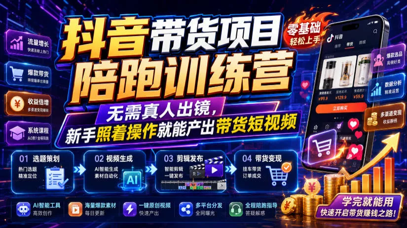 抖音带货项目陪跑训练营,无需真人出镜,新手照着操作就能产出带货短视频兼职项目|网络创业|Ai项目| 网赚项目 | 网络创业 | AI 实战 | 副业兼职找项目_兼职创业_自媒体创业_流量变现