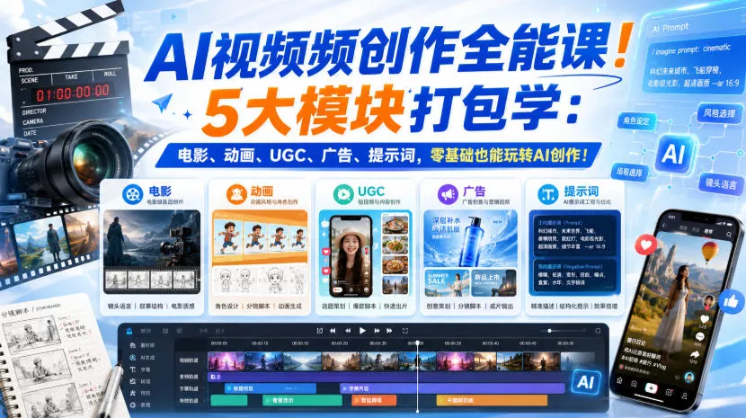 AI视频频创作全能课！5大模块打包学：电影、动画、UGC、广告、提示词，零基础也能玩转AI创作！【原创双语字幕】兼职项目|网络创业|Ai项目| 网赚项目 | 网络创业 | AI 实战 | 副业兼职找项目_兼职创业_自媒体创业_流量变现