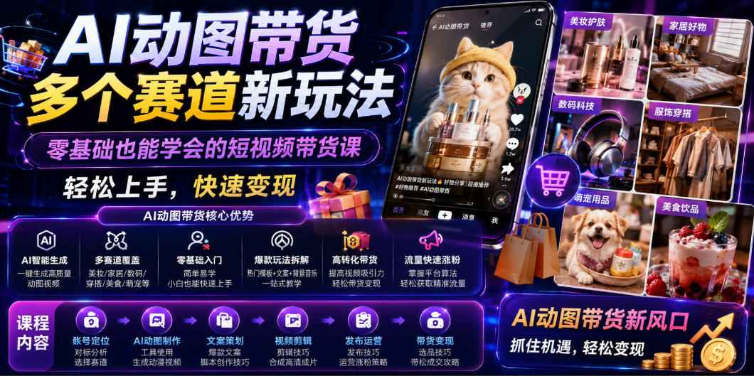 AI动图带货多个赛道新玩法，零基础也能学会的短视频带货课，轻松上手，快速变现兼职项目|网络创业|Ai项目| 网赚项目 | 网络创业 | AI 实战 | 副业兼职找项目_兼职创业_自媒体创业_流量变现