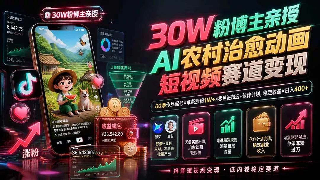 30W粉博主亲授AI农村治愈动画短视频赛道变现：60条作品起号×单条涨粉1W+×极易进精选+伙伴计划，稳定收益×日入400+兼职项目|网络创业|Ai项目| 网赚项目 | 网络创业 | AI 实战 | 副业兼职找项目_兼职创业_自媒体创业_流量变现
