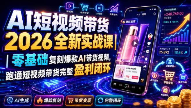 AI短视频带货2026全新实战课｜零基础复刻爆款AI带货视频，跑通短视频带货完整盈利闭环兼职项目|网络创业|Ai项目| 网赚项目 | 网络创业 | AI 实战 | 副业兼职找项目_兼职创业_自媒体创业_流量变现