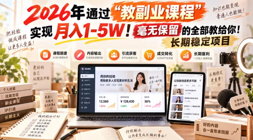 2026年通过“教副业课程”实现月入1-5W！毫无保留的全部教给你！长期稳定项目兼职项目|网络创业|Ai项目| 网赚项目 | 网络创业 | AI 实战 | 副业兼职找项目_兼职创业_自媒体创业_流量变现