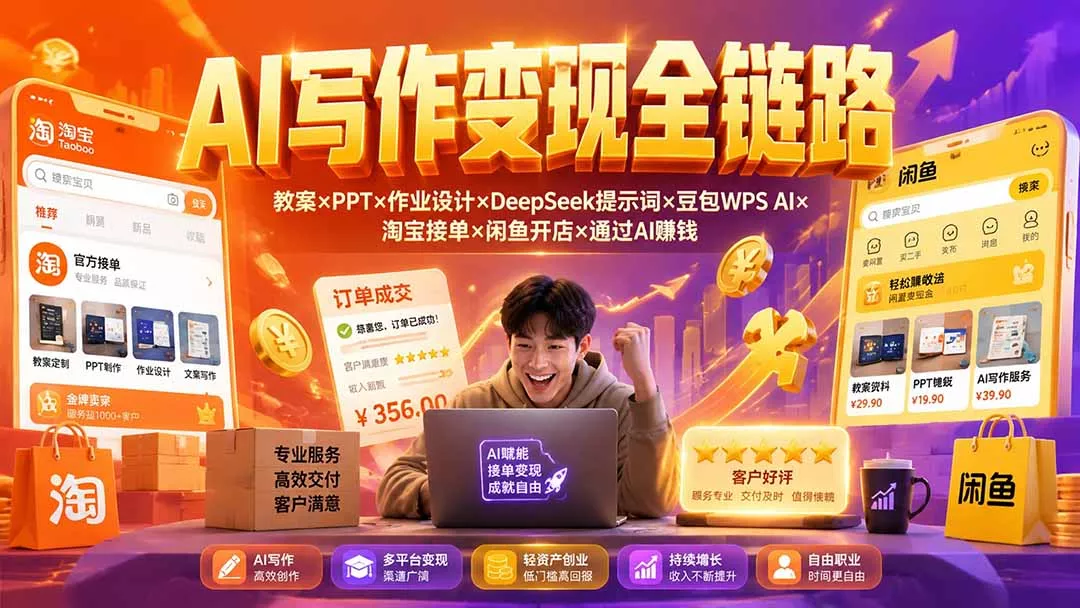 2026AI写作变现全链路：教案×PPT×作业设计×DeepSeek提示词×豆包WPS AI×淘宝接单×闲鱼开店×通过AI賺钱兼职项目|网络创业|Ai项目| 网赚项目 | 网络创业 | AI 实战 | 副业兼职找项目_兼职创业_自媒体创业_流量变现